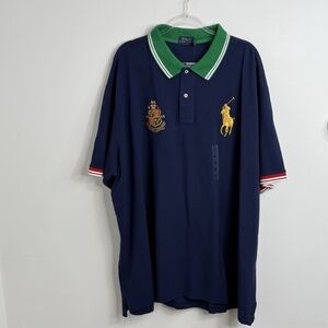 Polo Ralph Lauren Classic Fit Navy Green Collar Gold Crest Big Pony Shirt 4TB